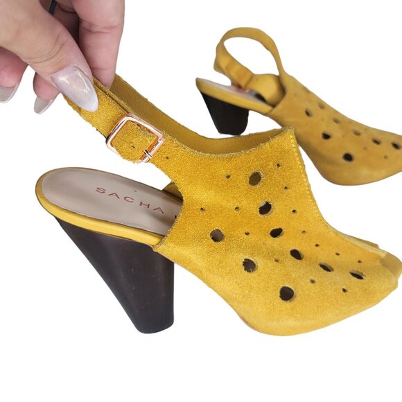 Sacha London Mustard Yellow Suede Leather Upper Slingback Heeled Sandals With Cu - Picture 2 of 11